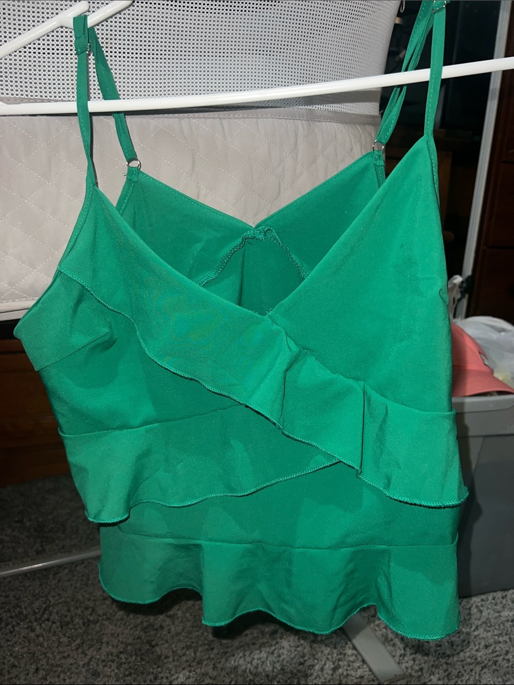 SHEIN Green Ruffle V-Neck Camisole with Adjustable Spaghetti Straps